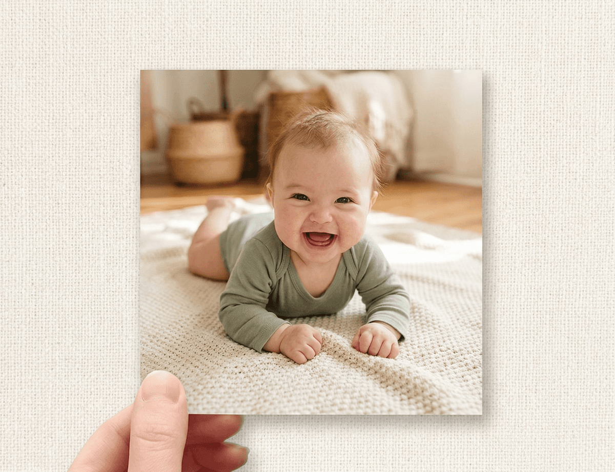 Smiling baby on a cozy blanket, a perfect monthly memory